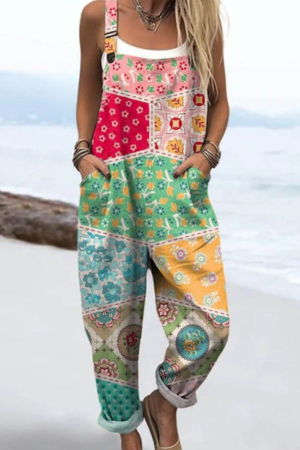 Tuta da donna - Design floreale vintage, gambe larghe per comfort e stile