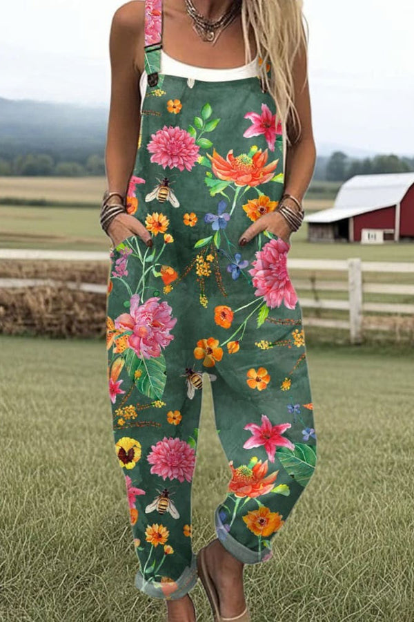 Tuta da donna - Design floreale vintage, pantaloni a gamba larga per comfort e stile