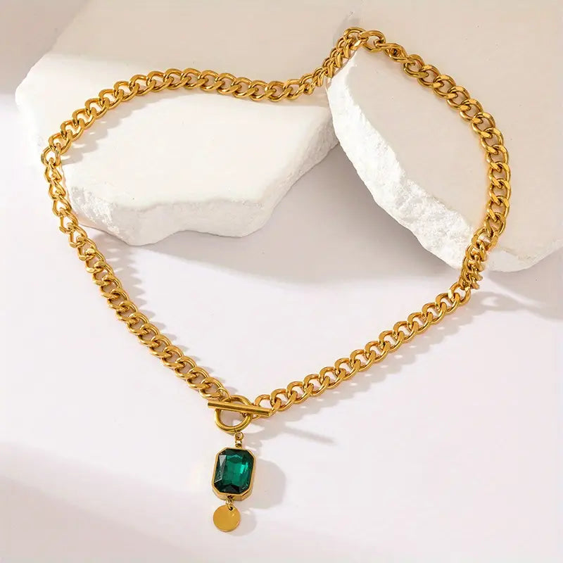 Collana con pendente a catena spessa e smeraldo | Oro