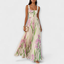 Penelope™ | Abito lungo in chiffon con fiori plissettati