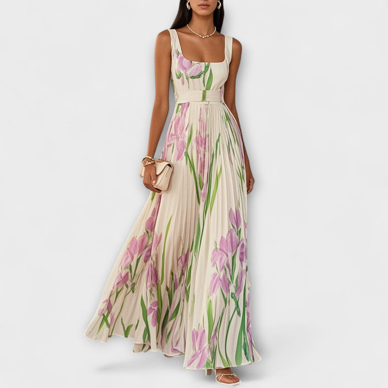 Penelope™ | Abito lungo in chiffon con fiori plissettati