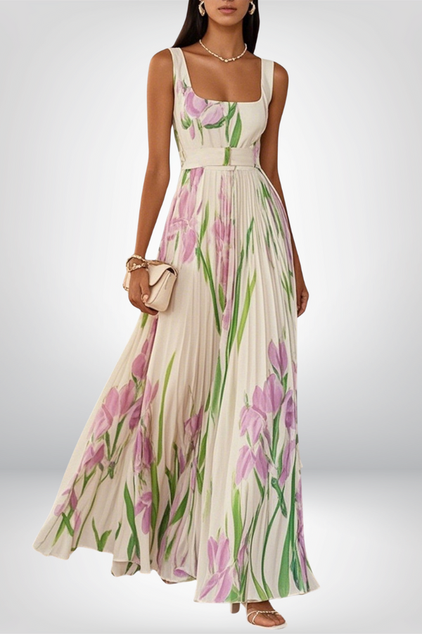 Penelope™ | Abito lungo in chiffon con fiori plissettati
