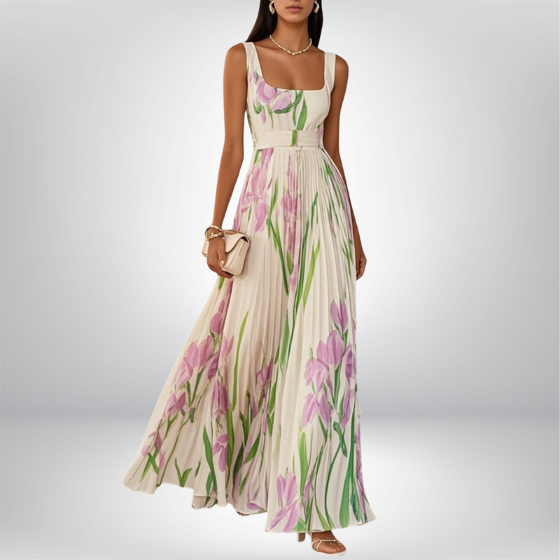 Penelope™ | Abito lungo in chiffon con fiori plissettati
