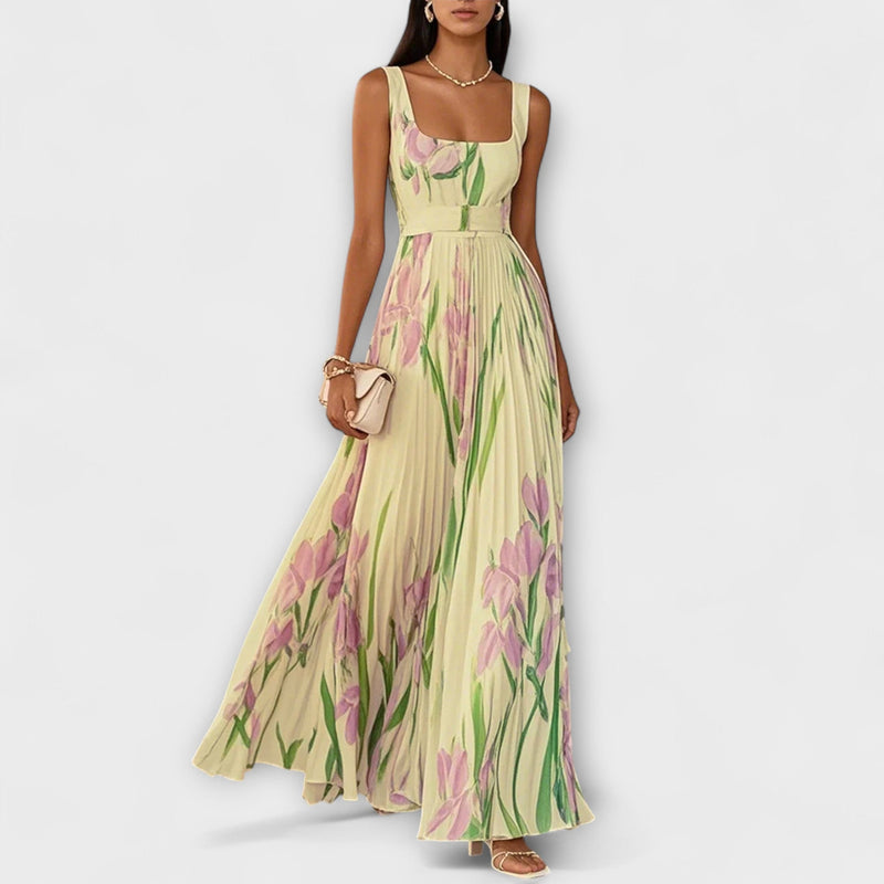 Penelope™ | Abito lungo in chiffon con fiori plissettati