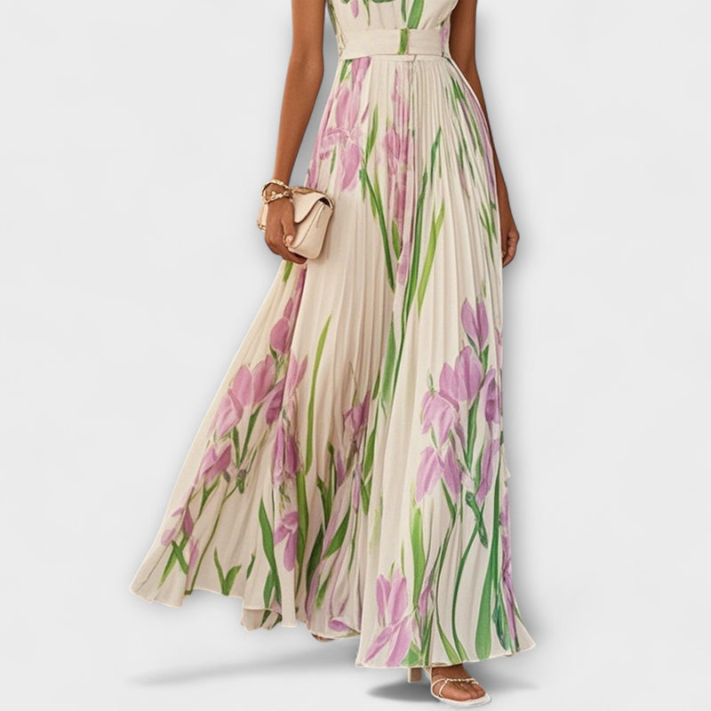 Penelope™ | Abito lungo in chiffon con fiori plissettati