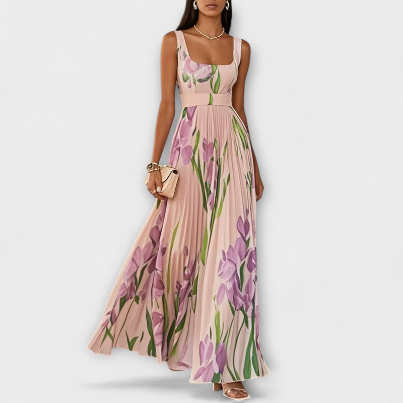 Penelope™ | Abito lungo in chiffon con fiori plissettati