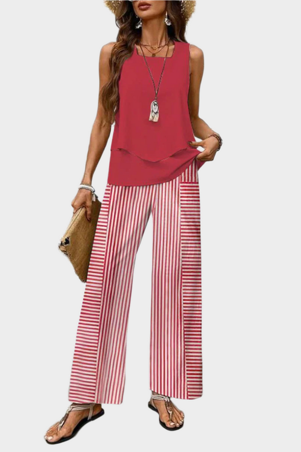 Completo estivo con top senza maniche e pantaloni con stampa a foglie