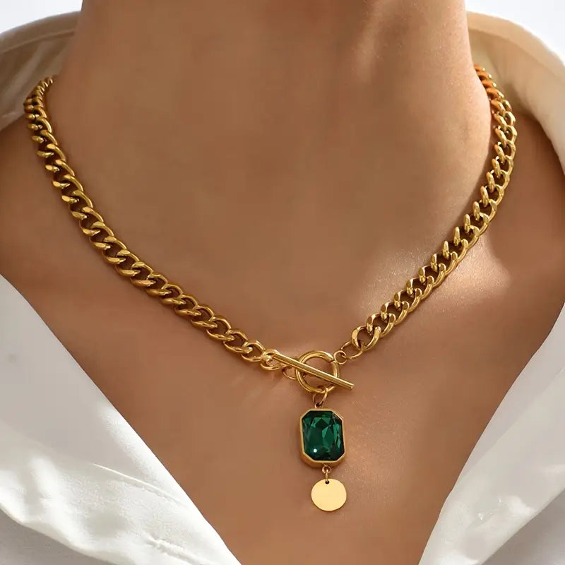 Collana con pendente a catena spessa e smeraldo | Oro