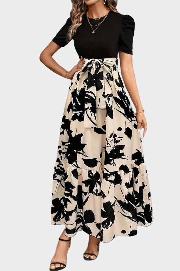 Abito floreale con vita alta e motivi a righe