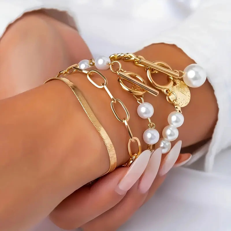 Set di 4 Braccialetti Chic Oro – Serpente, Perle e Anelli | Oro