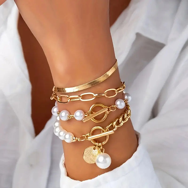 Set di 4 Braccialetti Chic Oro – Serpente, Perle e Anelli | Oro