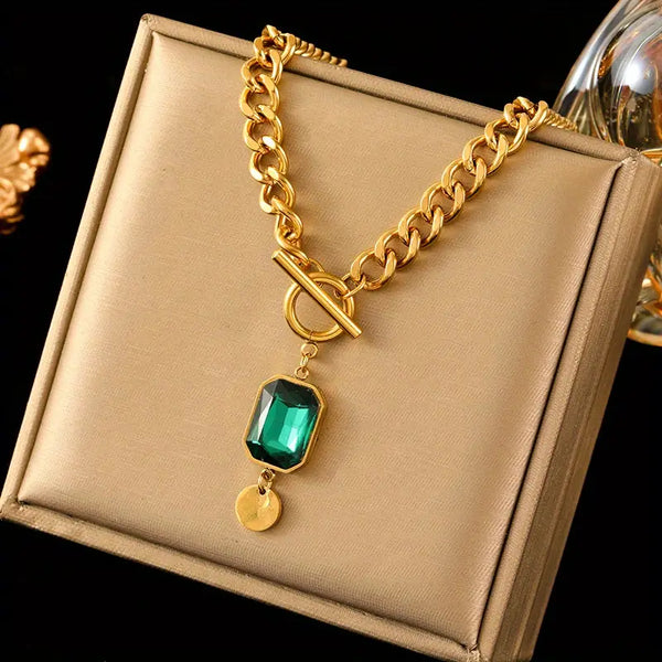 Collana con pendente a catena spessa e smeraldo | Oro