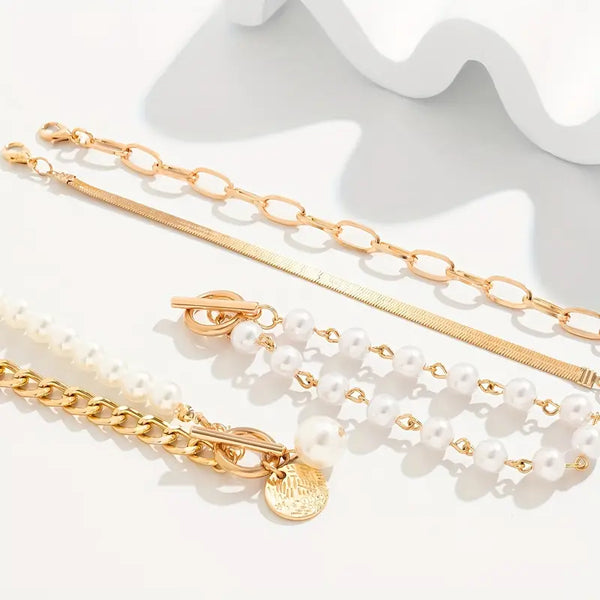 Set di 4 Braccialetti Chic Oro – Serpente, Perle e Anelli | Oro