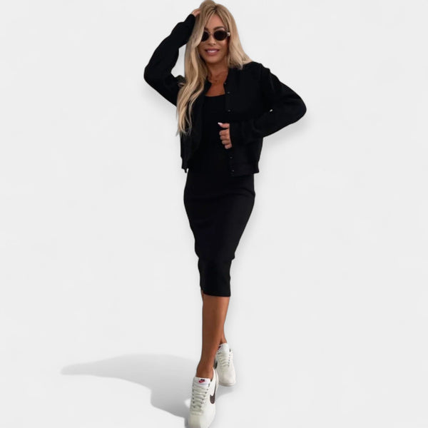 Completo abito midi con bomber