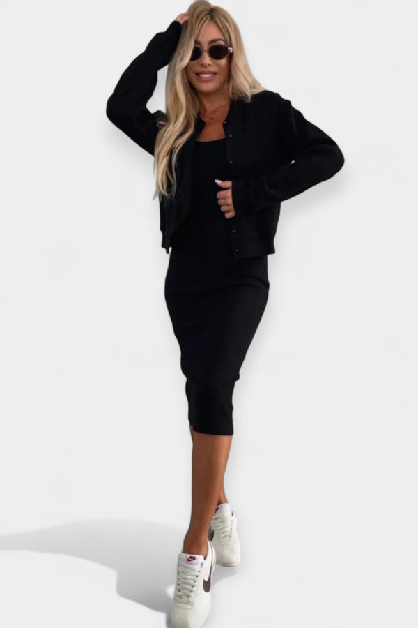 Completo abito midi con bomber