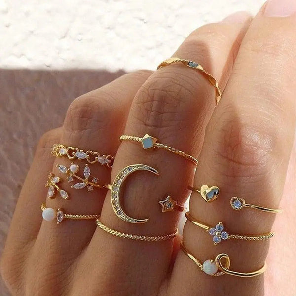 Confezione da 10 anelli bohemien placcati in argento e oro