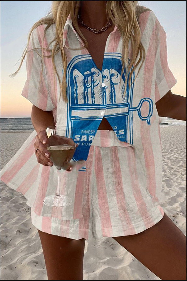 Silava™ | Set corto in lino con stampa di sardine