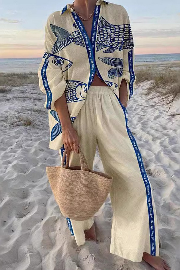 Yazette™ | Set in lino con stampa di pesce blu