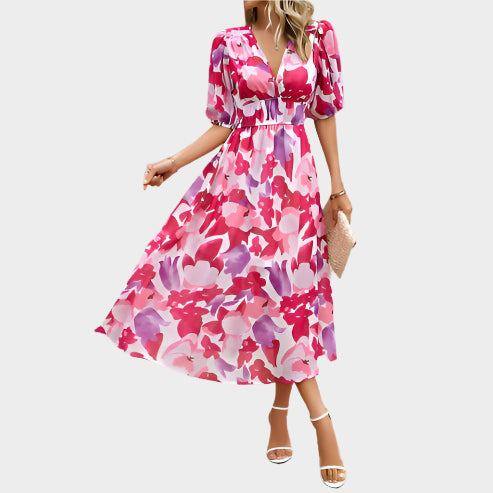 Elegante abito midi con maniche a sbuffo