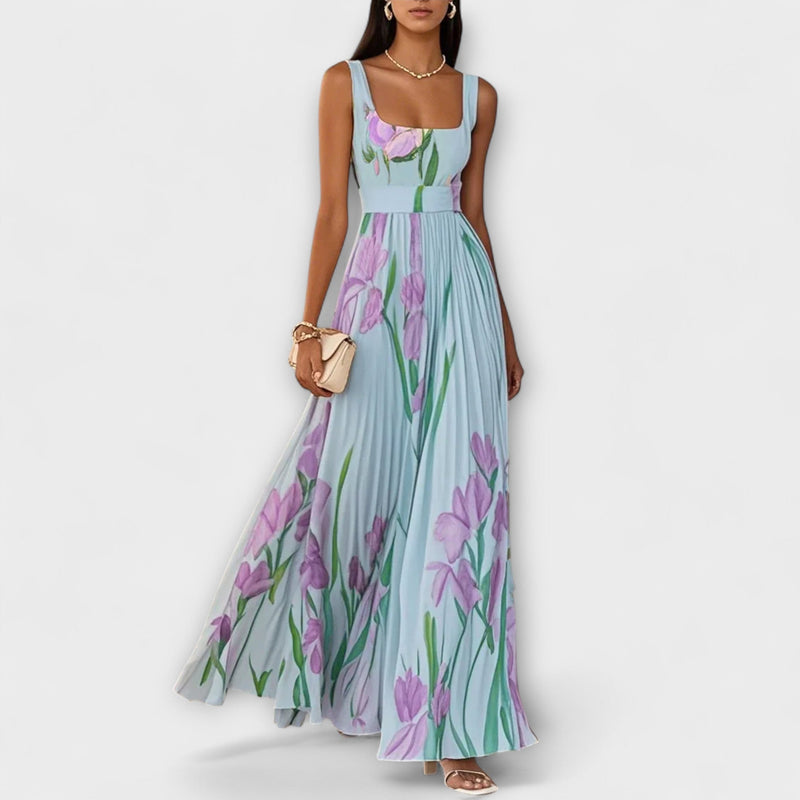Penelope™ | Abito lungo in chiffon con fiori plissettati
