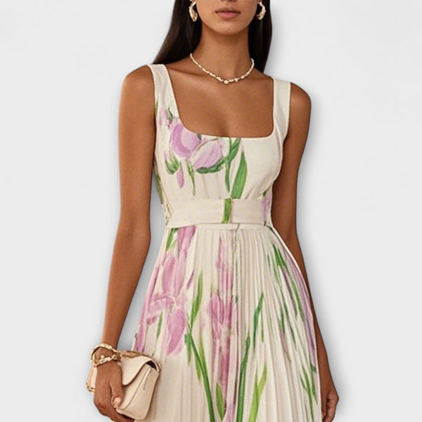 Penelope™ | Abito lungo in chiffon con fiori plissettati