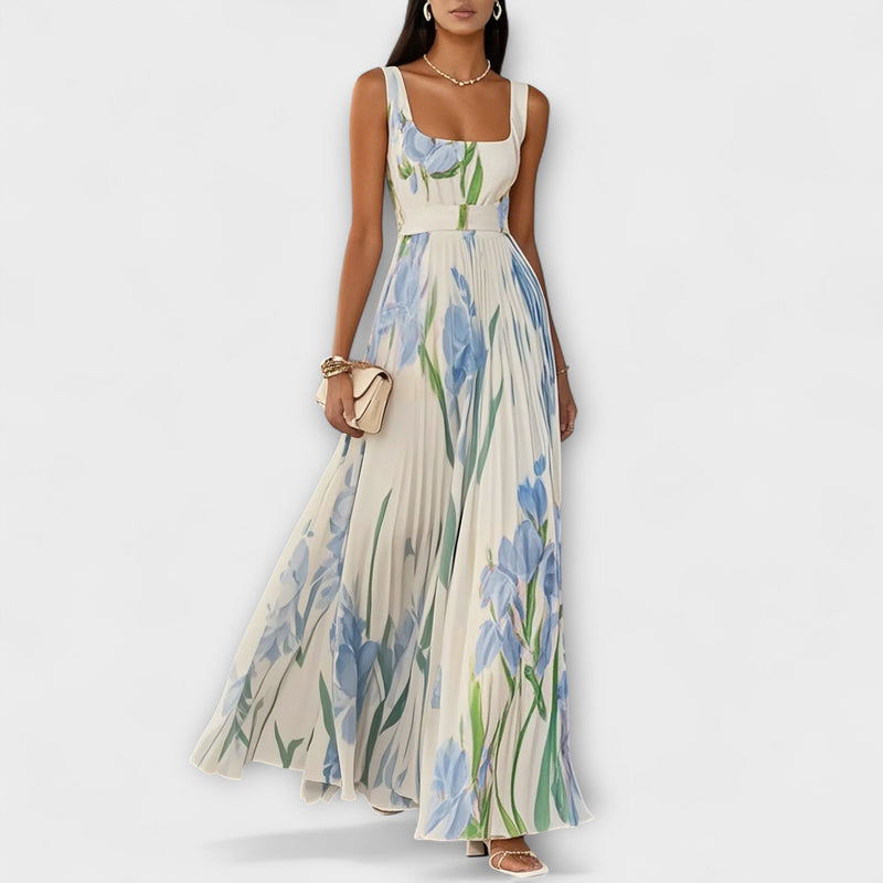 Penelope™ | Abito lungo in chiffon con fiori plissettati