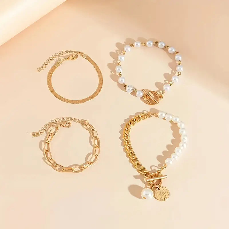 Set di 4 Braccialetti Chic Oro – Serpente, Perle e Anelli | Oro