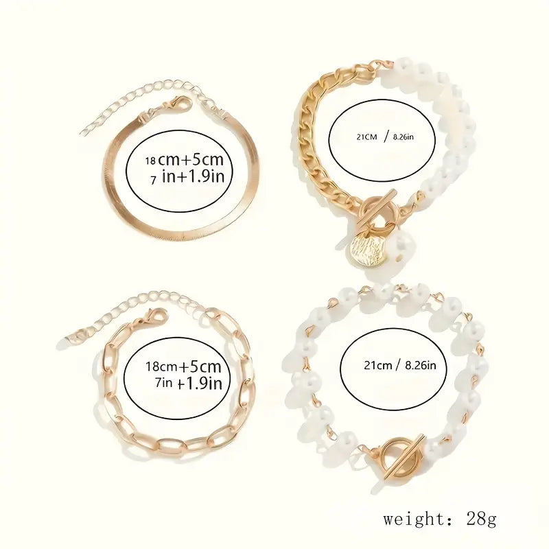 Set di 4 Braccialetti Chic Oro – Serpente, Perle e Anelli | Oro