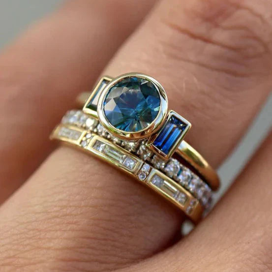 Set di Anelli Eleganti Blu Antico | Oro