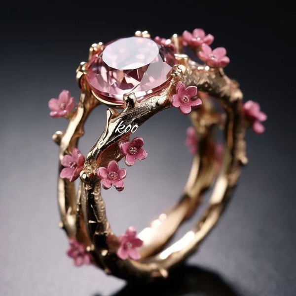 Anello elegante con fiore rosa di cristallo | Oro