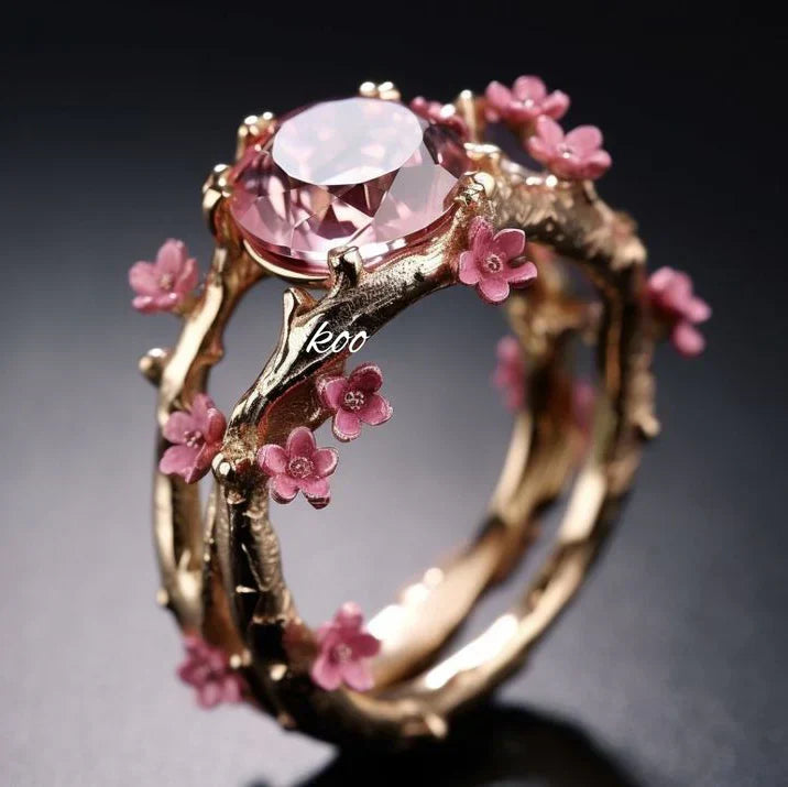 Anello elegante con fiore rosa di cristallo | Oro