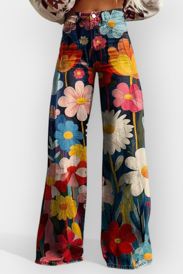 Pantaloni floreali con gambe larghe